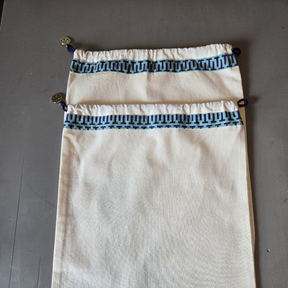 Canvas Drawstring Bag with Blue Geometric Trim